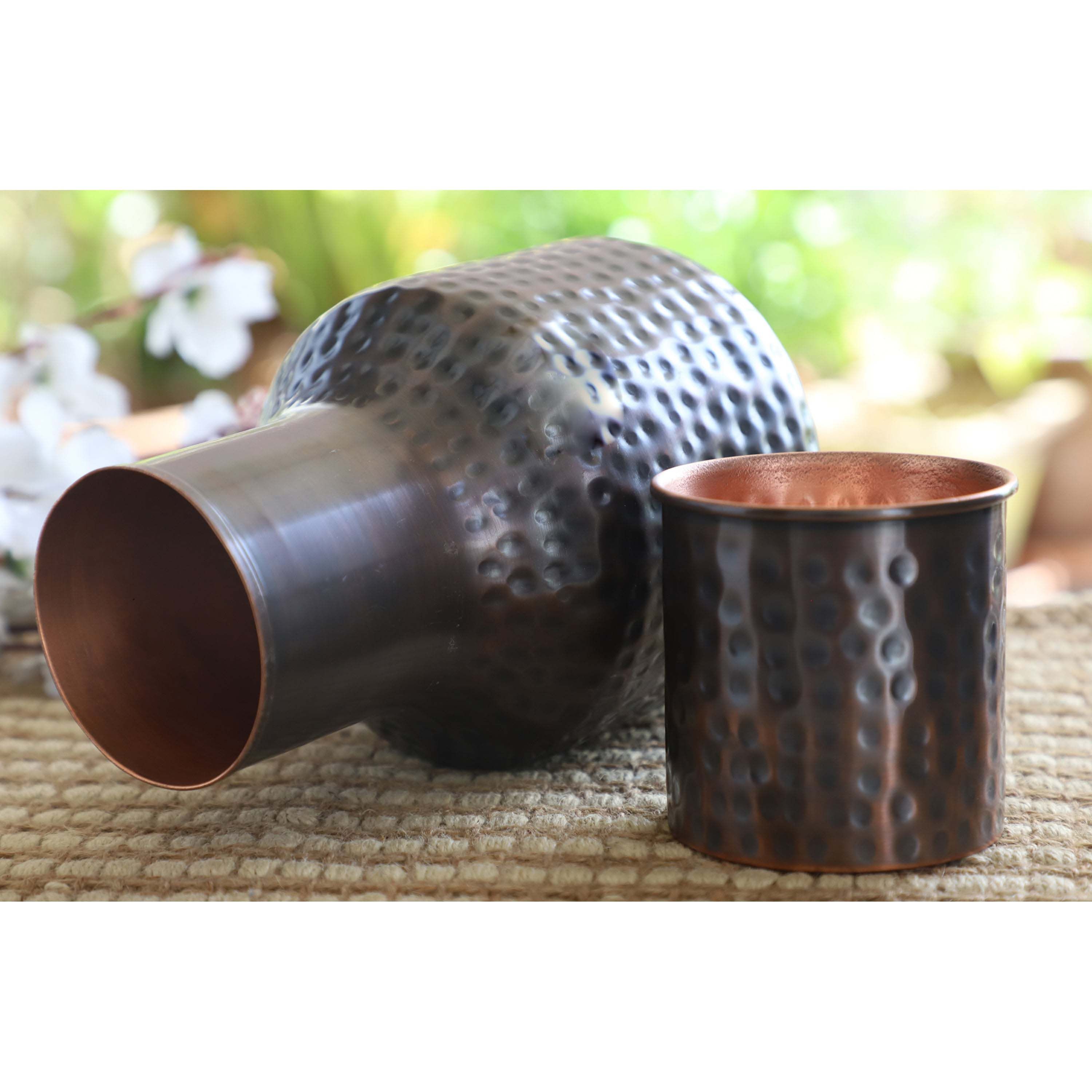 Copper hammered & embossed shine finish ghada shape bedroom bottle dark hammered - 1530 ML